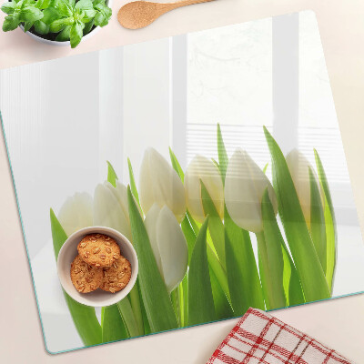 Krájecí prkénko skleněné Tulipány na pozadí zelených listů