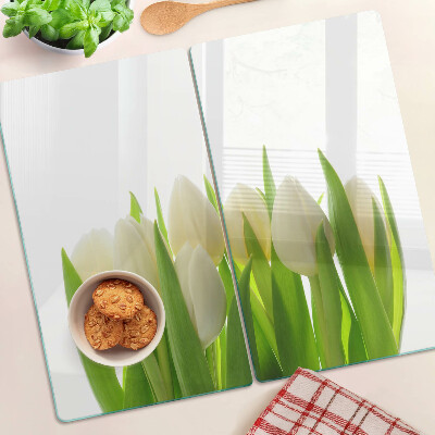 Krájecí prkénko skleněné Tulipány na pozadí zelených listů