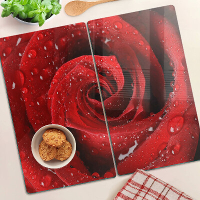 Krájecí prkénko skleněné Červená růže s kapkami vody