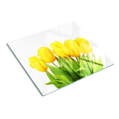 Skleněná deska do kuchyně Žluté tulipány na zeleném pozadí