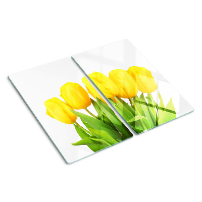Skleněná deska do kuchyně Žluté tulipány na zeleném pozadí