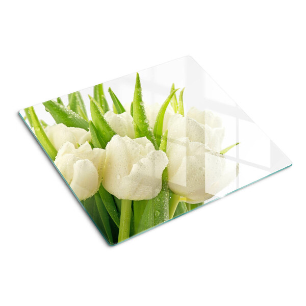 Skleněná deska do kuchyně Tulipány v kapkách vody