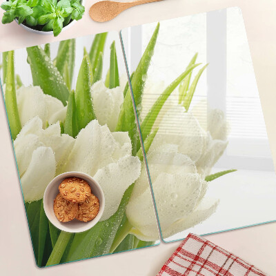 Skleněná deska do kuchyně Tulipány v kapkách vody