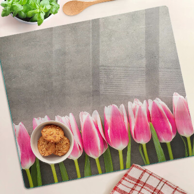 Skleněná deska do kuchyně Tulipány na šedém pozadí