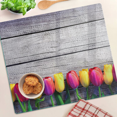 Krájecí prkénko skleněné Tulipány na dřevěném pozadí