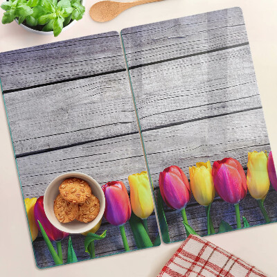 Krájecí prkénko skleněné Tulipány na dřevěném pozadí