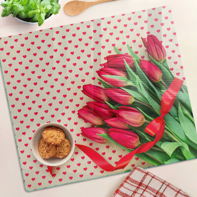 Skleněná krájecí deska Tulipány se srdíčky a stuhou