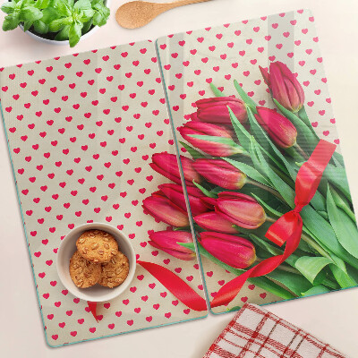Skleněná krájecí deska Tulipány se srdíčky a stuhou