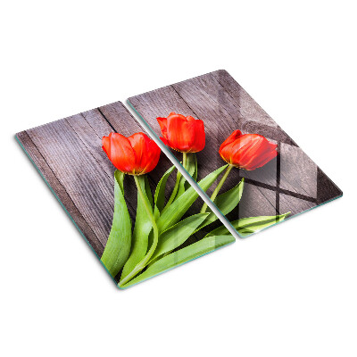 Skleněná krájecí deska Tulipány na dřevěném pozadí