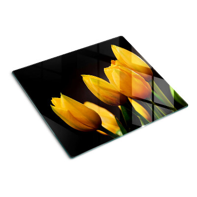 Krájecí prkénko skleněné Žluté tulipány na černém pozadí