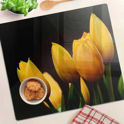 Krájecí prkénko skleněné Žluté tulipány na černém pozadí