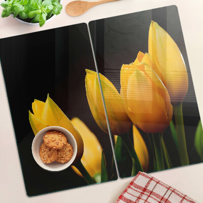 Krájecí prkénko skleněné Žluté tulipány na černém pozadí