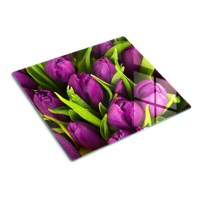 Krájecí prkénko skleněné Fialové tulipány se zelenými listy