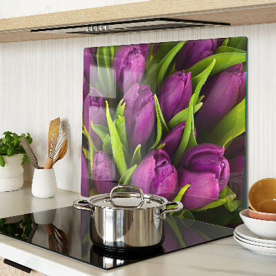 Krájecí prkénko skleněné Fialové tulipány se zelenými listy