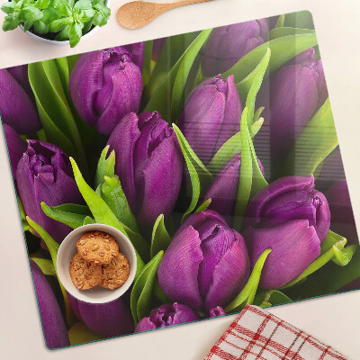 Krájecí prkénko skleněné Fialové tulipány se zelenými listy