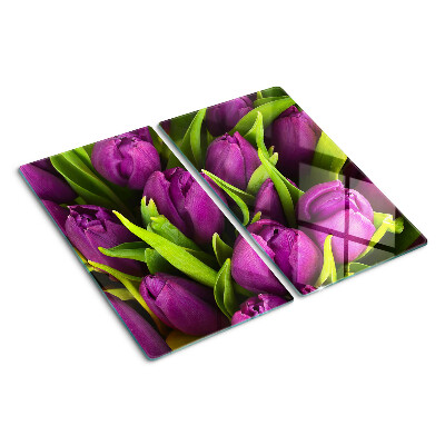 Krájecí prkénko skleněné Fialové tulipány se zelenými listy