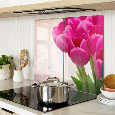 Skleněná krájecí deska Tulipánové květy na růžovém pozadí