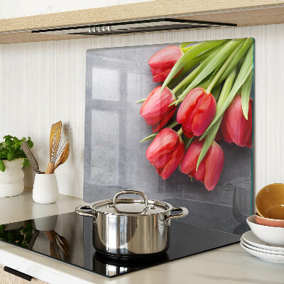 Skleněná deska do kuchyně Tulipány na šedém pozadí
