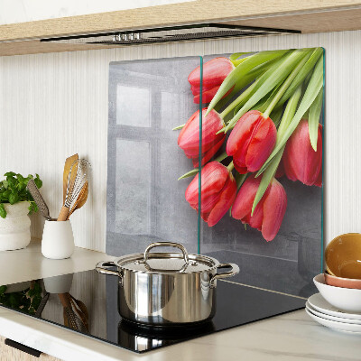 Skleněná deska do kuchyně Tulipány na šedém pozadí