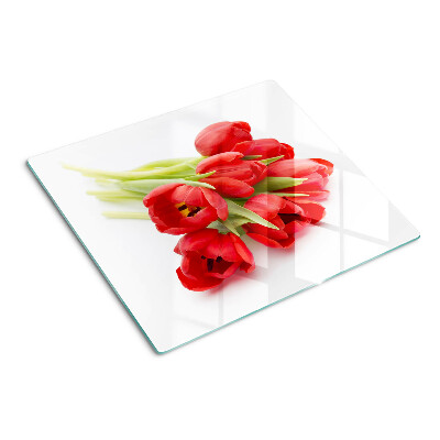 Skleněná deska do kuchyně Červené tulipány na bílém pozadí