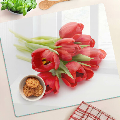 Skleněná deska do kuchyně Červené tulipány na bílém pozadí