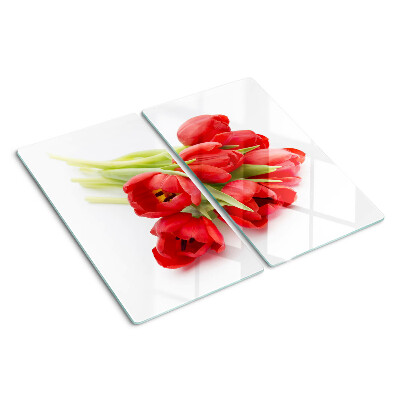 Skleněná deska do kuchyně Červené tulipány na bílém pozadí