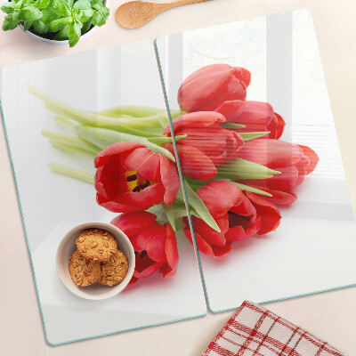 Skleněná deska do kuchyně Červené tulipány na bílém pozadí