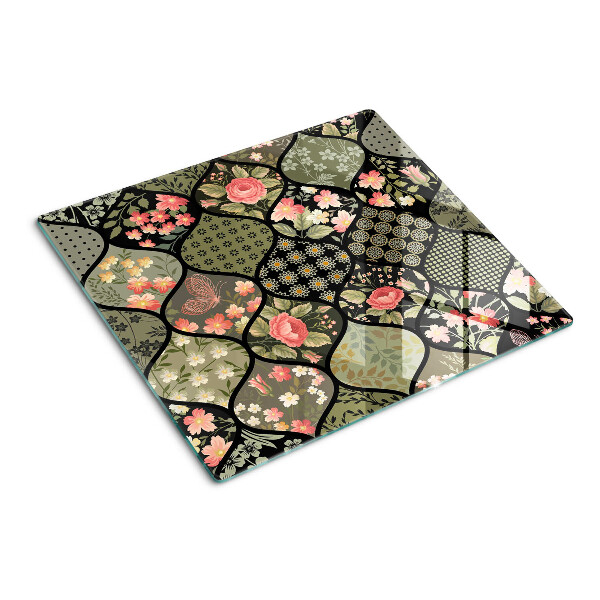 Krájecí prkénko skleněné Květinový patchwork s geometrickými vzory