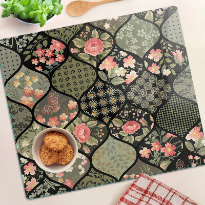 Krájecí prkénko skleněné Květinový patchwork s geometrickými vzory