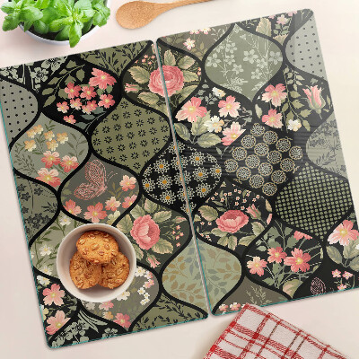 Krájecí prkénko skleněné Květinový patchwork s geometrickými vzory