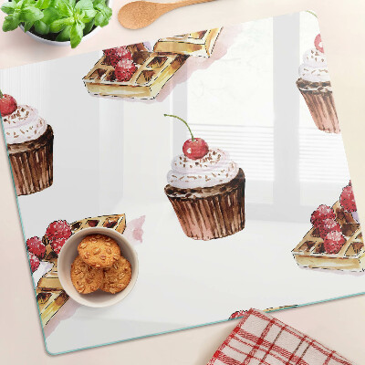 Krájecí prkénko skleněné Vafle a cupcakes s třešněmi