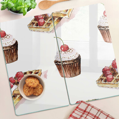 Krájecí prkénko skleněné Vafle a cupcakes s třešněmi