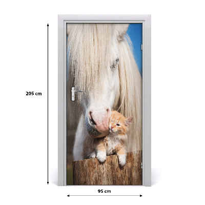 Samolepící fototapeta na dveře Bílý kůň s kočkou