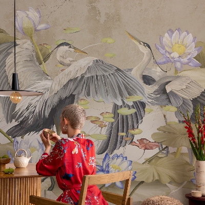 Fototapeta s potiskem na vliesu Ptáci a lilie