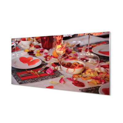 akrylový obraz Srdce okvětní lístky růží večeře brýle