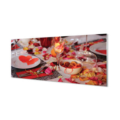 akrylový obraz Srdce okvětní lístky růží večeře brýle