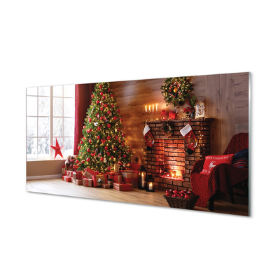 akrylový obraz Ozdoby na vánoční stromeček dárky ohniště