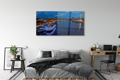 akrylový obraz Loď moře město na noční obloze