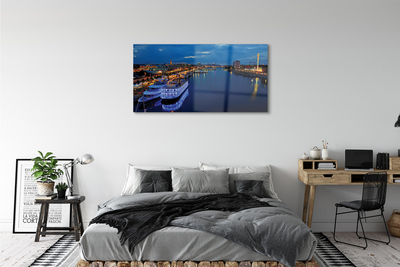 akrylový obraz Loď moře město na noční obloze