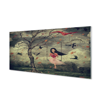 Obraz na skle Strom ptáci mraky dívka rocková