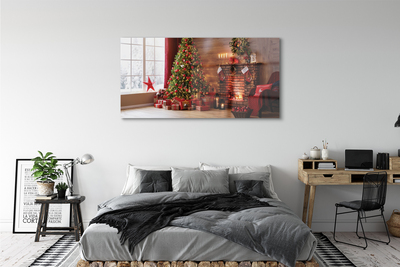 Obraz na skle Ozdoby na vánoční stromeček dárky ohniště