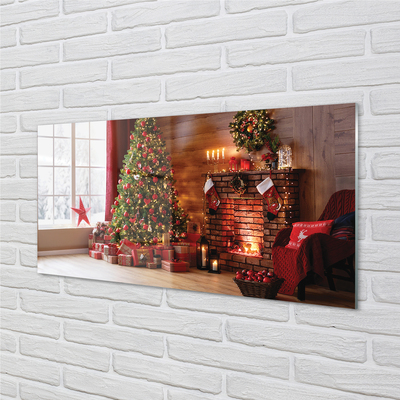 Obraz na skle Ozdoby na vánoční stromeček dárky ohniště