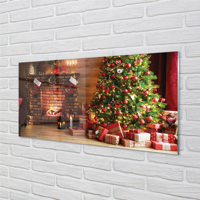 Obraz na skle Krbová dárky vánoční stromky