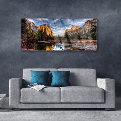 Obraz na skle Hora Les Jezero Příroda