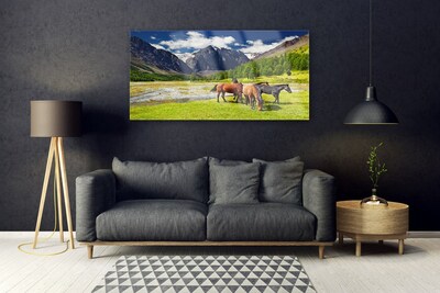 Obraz na skle Hory Stromy Koně Zvířata