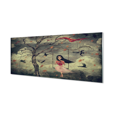 Skleněný panel Strom ptáci mraky dívka rocková