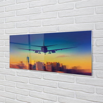 Skleněný panel Velkoměsto oblačnosti letadlo západ