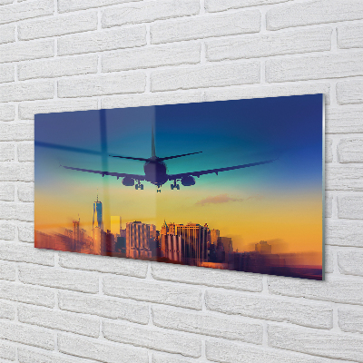 Skleněný panel Velkoměsto oblačnosti letadlo západ