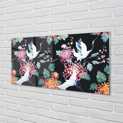 Skleněný panel Ptáci s květinami