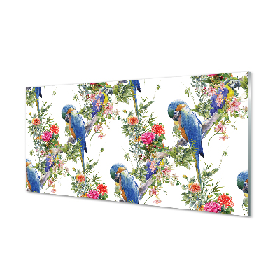 Skleněný panel Ptáci na větvi s květinami